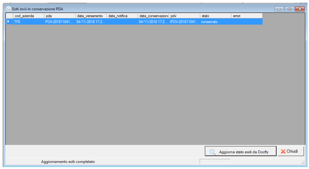 fattura elettronica - esito invio in conservazione