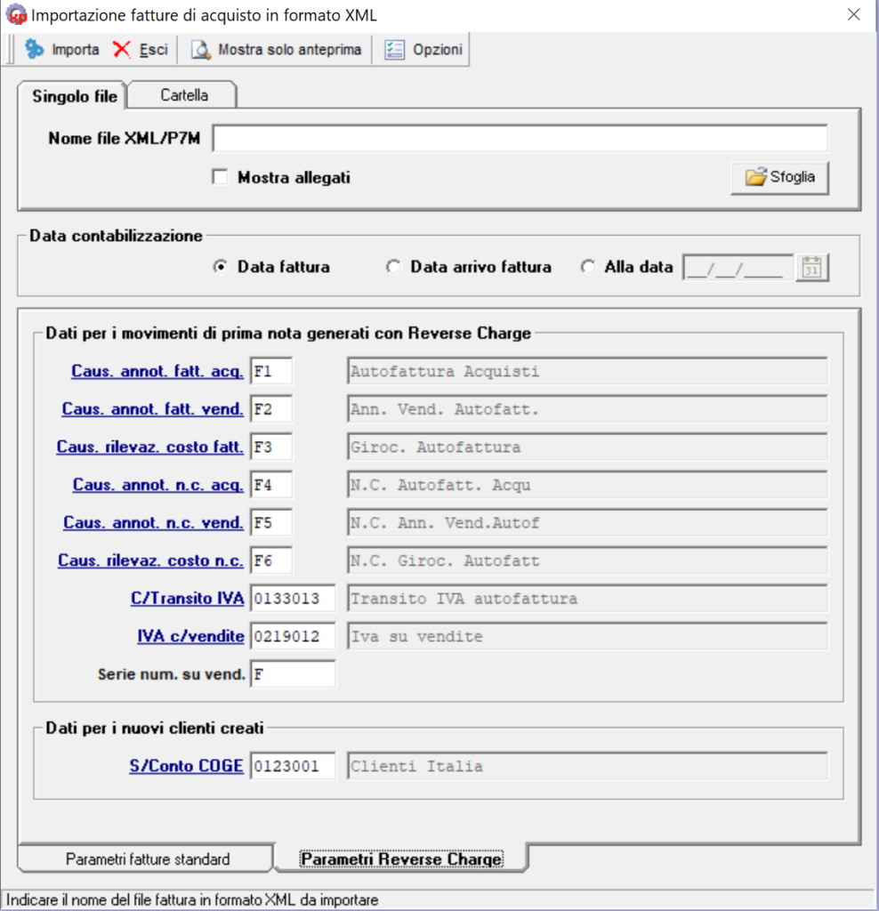 import fatture di acquisto in prima nota - parametri Reverse Charge