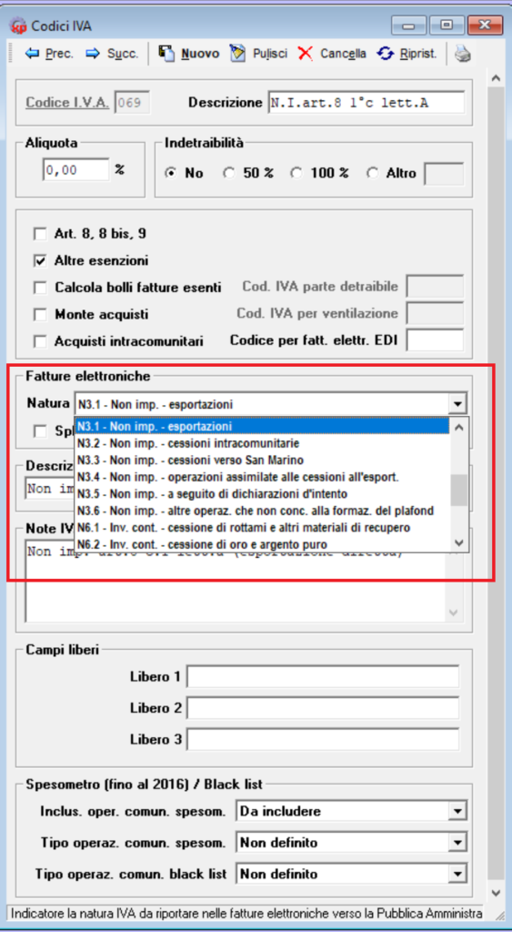 Elenco a discesa Natura IVA ampliato nella maschera Codici IVA